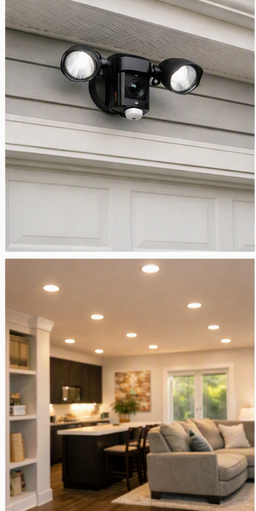 Outdoor security camera floodlight on a house and indoor recessed ceiling lighting