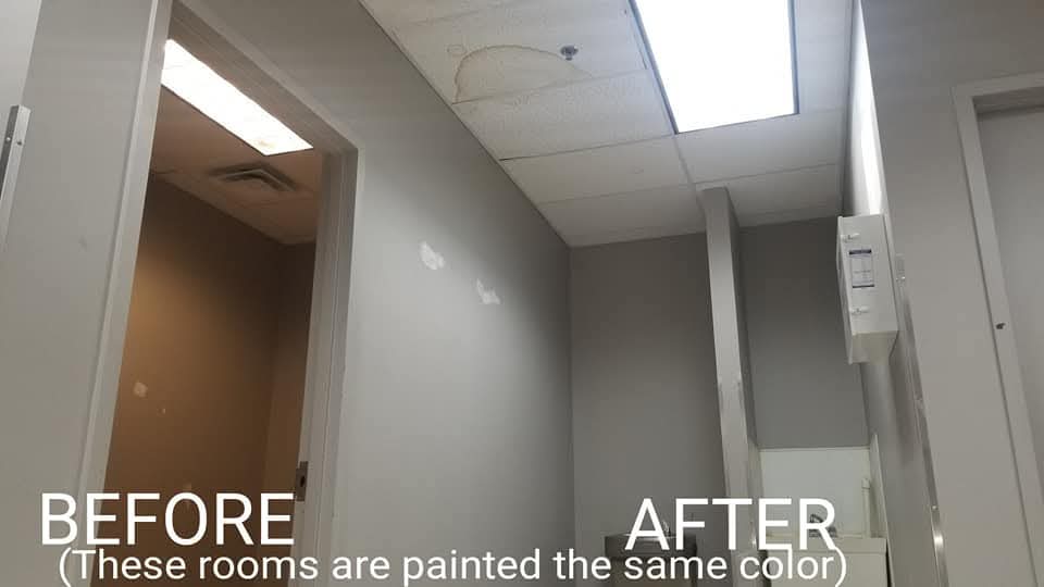 Side-by-side comparison of old fluorescent lighting and new bright LED troffers in the same painted rooms