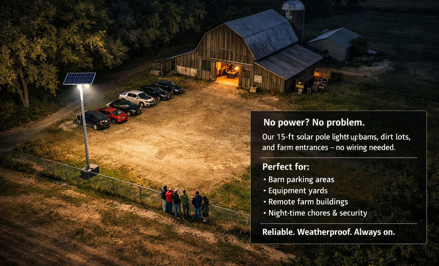Barn and parking area lit by a 15-foot solar light pole