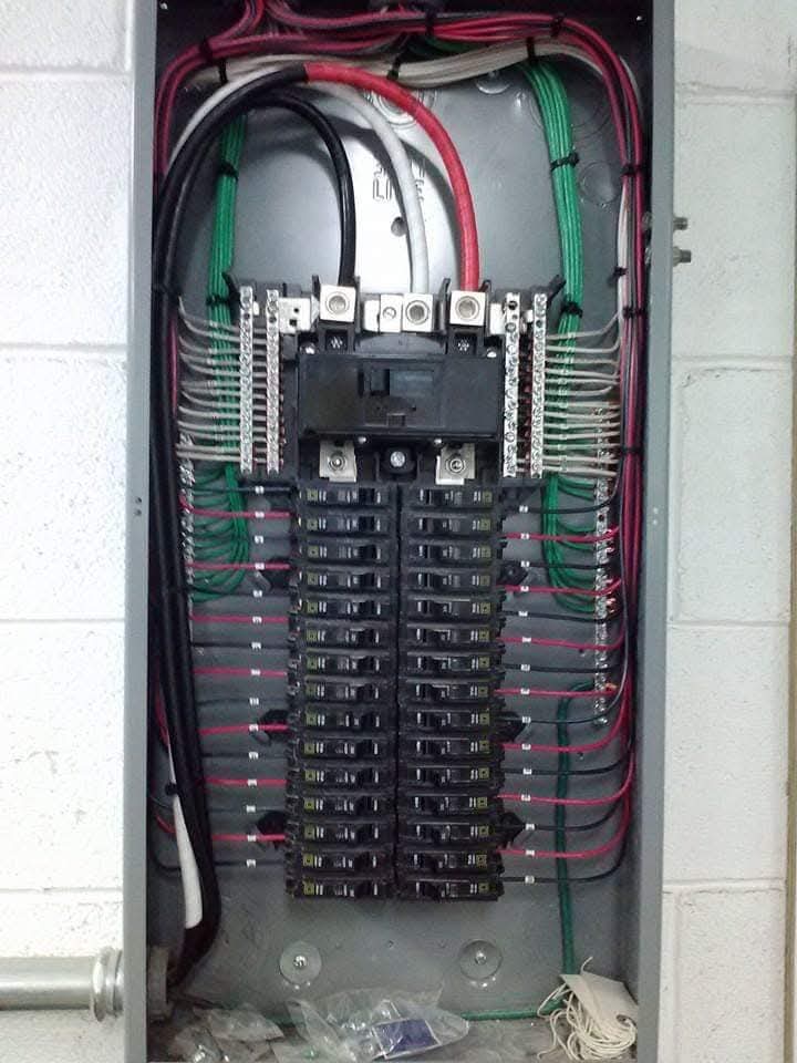 Neatly wired commercial electrical panel with labeled breakers and dressed conductors