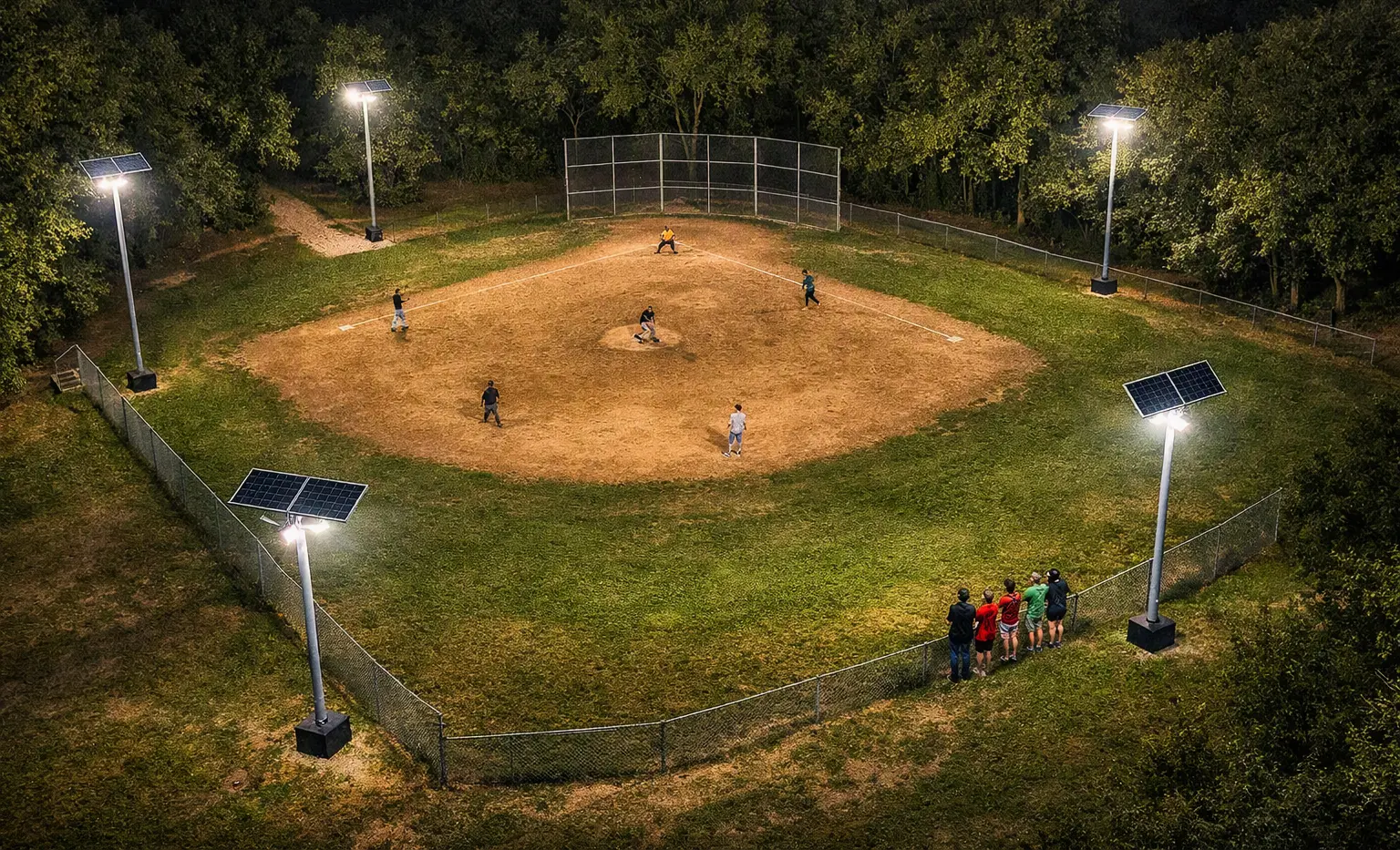Baseball field lit at night by solar light poles