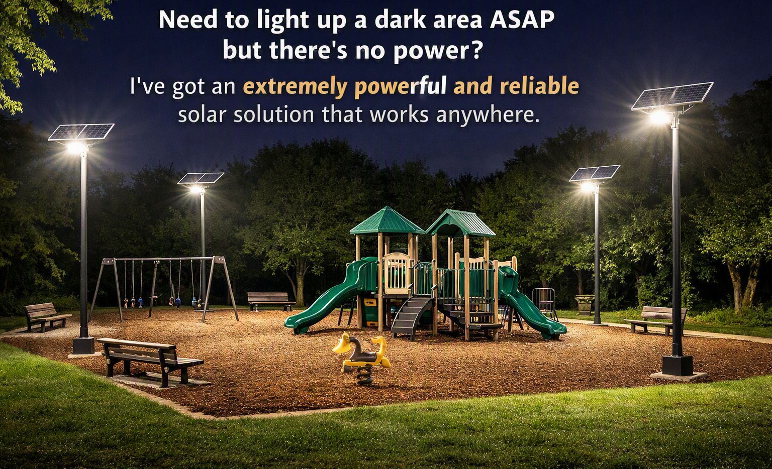 Playground illuminated at night by four solar LED light poles