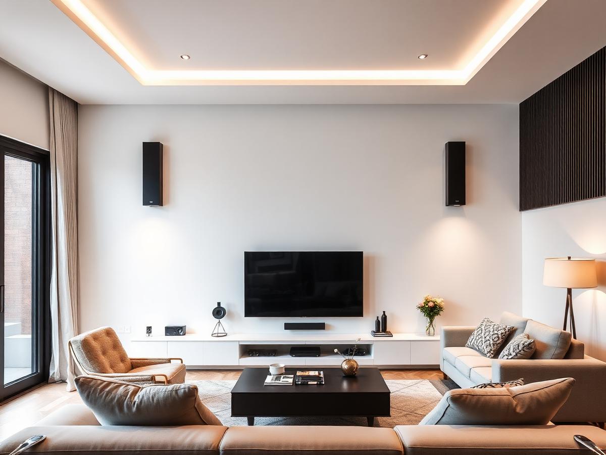 Living room with a wall mounted TV, surround sound speakers and recessed lighting